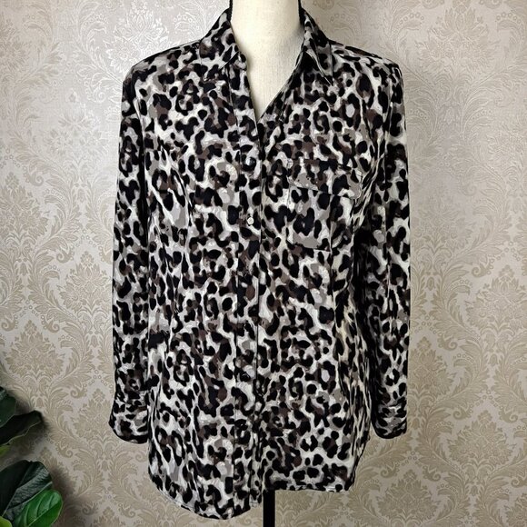 Style & Co Petite Size PL Animal Print Button Down Shirt Long Sleeve Roll Tab - Picture 1 of 14